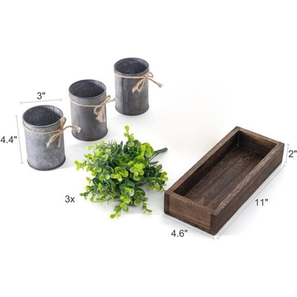 Decorative Galvanized Metal Pots Centerpiece Decor Wood Tray with Eucalyptus - Picture 4 of 5